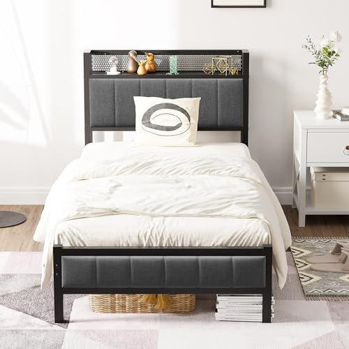 Diahomy 3ft Single Bed Frame With Storage Headboard, Upholstered Platform Bed Frame/Mattress Foundation/Metal Slat Support/No Box Spring Needed/Dark Grey bed frames single