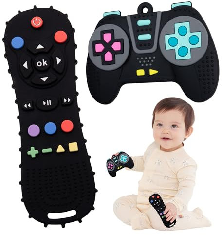 Fernbedienung Baby - Zahnungshilfe Baby 100% Silikon babyspielzeug für 0-12 Monate, Perfekt Für Neugeborene und Autistische Kinder BPA-frei (black+black)