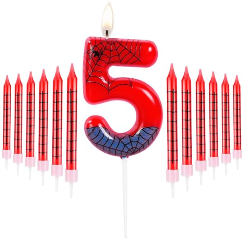 URAQT Geburtstagskerzen Zahlen, 3D Spinnendesign Geburtstag Zahl Kerzen, Lange Rot Geburtstagskerzen, Tortendeko kerze Kuchendeko geburtstagskerze 5