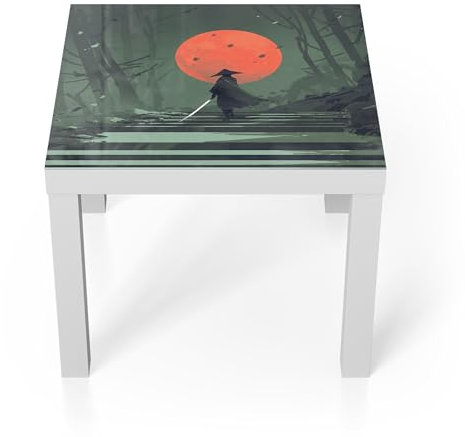 DEQORI Glastisch | weiß klein 55x55 cm | Motiv Waldweg zum Mond | ausgefallener Beistelltisch aus Glas | Hochglanz Couchtisch fürs Wohnzimmer | moderner Couch Tisch mit Design