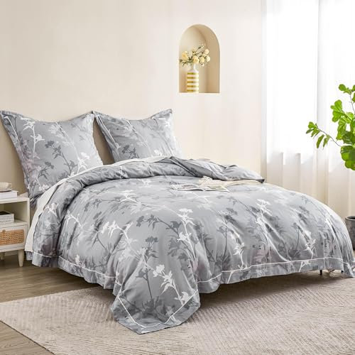 Simple&Opulence Bettwäsche 135x200 Baumwolle, Bettwäsche-Sets Grau 2 teilig mit 1 Kissenbezüge 80x80 cm, Bettbezügen Frühling Bequem mit Reißverschluss Botanische und Florale Muster