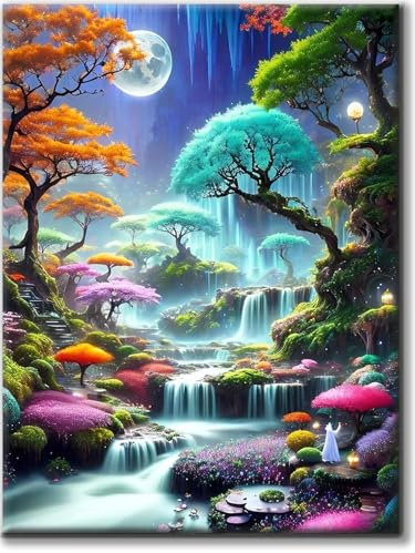 Yiminu.DS Diamond Painting Erwachsene, Diamant Painting Bilder Blumen 30x40cm 5D Diamond-Painting Diamant Painting Bastelset BastelnWanddeko, Landschaft Wasserfall Baum Mond