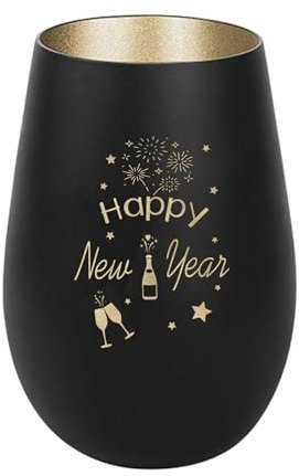 Der-Porzellan-Laden Windlicht mit Gravur Happy New Year, Schwarz Gold, Teelichthalter Neujahr aus Glas, Silvesterdeko Tischdeko