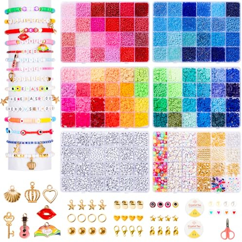 Goldwise Kit per braccialetti dell'amicizia, 6 scatole, kit per la creazione di braccialetti con perline in argilla di 48 colori, perline in vetro di 48 colori e 4 stili di perline con lettere (A-Z