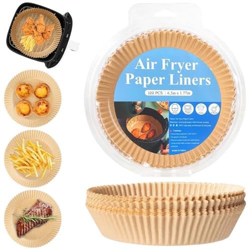 120 PCS Round Air Fryer Liners Disposable for Ninja AF100UK AF160UK Tower T17021 Salter Cosori 3-5.2L Round Non Stick Baking Parchment Paper