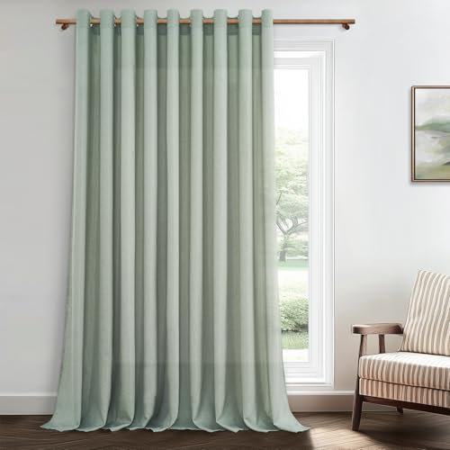 MRTREES 1 Pièce Rideaux Voilage Vert Sauge en Lin Semi-Transparent Grande Largeur 300x240cm Voilages Intérieurs Rideau Voile à Oeillets pour Porte Fenetre Salon Chambre Cuisine Salle a Manger