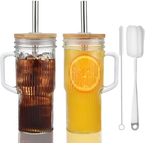 VITEVER 2 Pack 24oz Ribbed Glass Tumblers with Bamboo Lids and Straws, Glass Cups with Handle, Mason Jar with Lid and Straw-Wide Mouth, Smoothie Tumbler Iced Coffee Cup Travel Mug