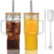 VITEVER 2 Pack 24oz Ribbed Glass Tumblers with Bamboo Lids and Straws, Glass Cups with Handle, Mason Jar with Lid and Straw-Wide Mouth, Smoothie Tumbler Iced Coffee Cup Travel Mug