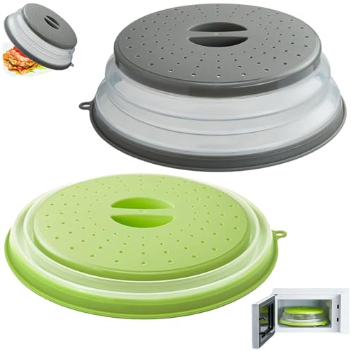 2Pcs Foldable Food Microwave Cover with Hook & Grip Handle, Lid Basket Strainer Drain for Fruit Vegetable, High Temperature Resistant Collapsible Colander Plate, Splatter Guard Tray for Oil and Splash