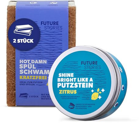 Future Stories Putzstein Zitrus Set - Reiniger gegen Schmutz, Fett, Kalk 375 g - mit 2x Spülschwamm, vegan, waschbar