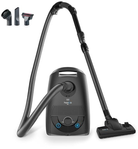 hoogo B3+, aspirapolvere antracite con sacchetto, forte potenza di aspirazione 850 W, filtro HEPA 14, raggio di 11 m, solo 74 dB (A), capacità 3 l, diversi ugelli per pavimenti