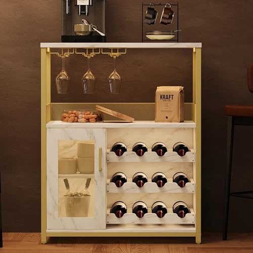 Garvee Weinschrank Weinregal Industrial Barschrank mit Verstellbarem Weinregal und Glashalter Getränkeaufbewahrung Weinbarschrank für Küche Esszimmer Wohnzimmer 70x35x92 cm Gold