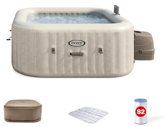 INTEX 28445EH Bain à remous Portable Gonflable d'extérieur Deluxe PureSpa Chevron pour 4 Personnes, avec Couverture de Spa économe en énergie, Application de contrôle de Spa, système d'eau salée prêt