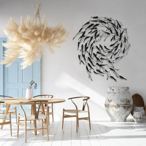 Tubibu Metall Fisch Wanddeko – Schwarze Fischfamilie Wandkunst im maritimen Stil – Moderne Wand Skulptur für Wohnzimmer, Bad, Garten, Balkon oder Terrasse (60x52)