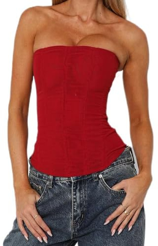 Betrodi Womens Strapless Mesh Corset Off Shoulder Tube Boned Bodyshaper Tops Y2k Going Out Zipper Overbust Bustier Tops Clubwear