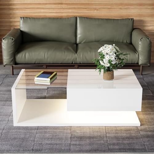 BTM Couchtisch, Hochglanz-Weiß. Beistelltische, Couchtische mit Glas und LED-Effekt