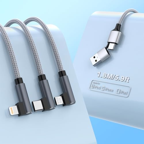 3 in 2 Multi USB Charging Cable,Multi Charger Cable 90 Degree Universal Cable with iPhone/Micro/USB Type C for iPhone 17 16 15 14 13 12 11 X XR 8, Samsung, Huawei, Xiaomi, Laptop Tablet