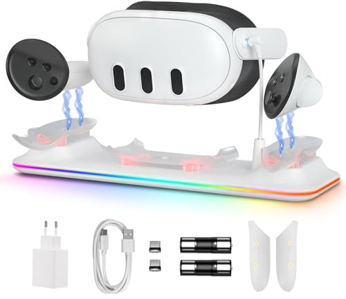 GEEKERA Magnetische Ladestation Kompatibel mit Meta Quest 3: Inklusive 2 wiederaufladbaren Akkus & 18W Netzteil, Ladeständer für VR-Headset & Controller, RGB-Beleuchtung, VR-Zubehör für Gamer