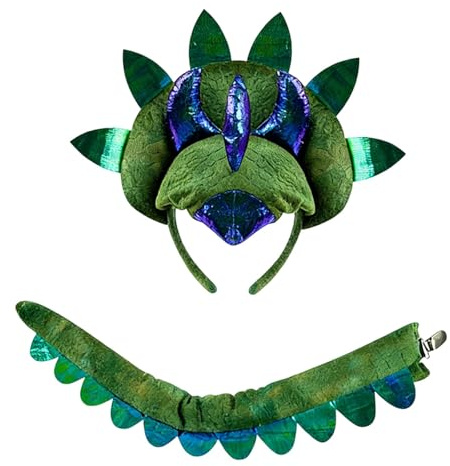 UxicRuya Serre-tête Dinosaure avec Queue – Accessoire de Fête, Déguisement D'Halloween Ou Cadeau D'anniversaire, vert