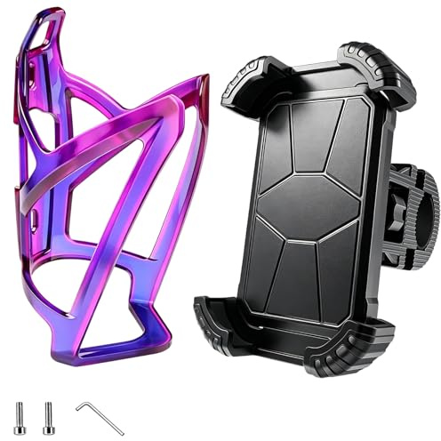 Bike Bottle Cage, Water Bottle Holder for Bicycle, Secure Drink Holder with Phone Mount, Blue Purple Gradient Cage with Black Phone Holder, Universal Fit for Road and Mountain Bikes