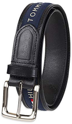 Tommy Hilfiger Herren Band Inlay Stoff einzelner Zinke Schnalle Gürtel, Schwarz/Marineblau, 44