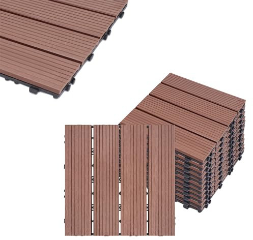 HENGMEI 11x Terrassenfliesen für 1m² WPC 30x30cm Holz-Optik - Balkonfliesen Garten klick-Fliese Braun mit Drainage (11er set,Braunlich rot)