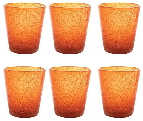 Livellara Bicchieri Acqua Vetro Soffiato, Set da 6, Bicchieri in Vetro Colorati, Moderni, Particolari, Capacità 450 ml, Resistenti al Calore, per Acqua, Cocktail, Succhi di frutta. Colore: Mandarino