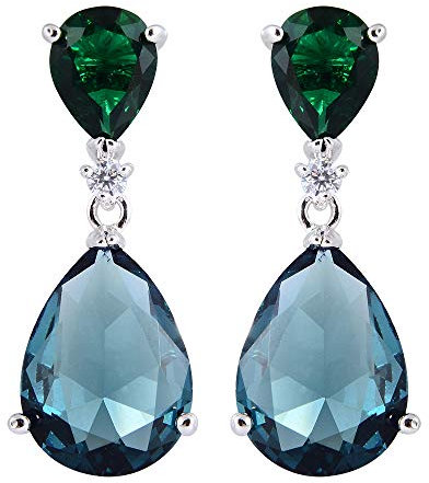 [RIVA CELEBOX] TRÄNE Gestochen Ohrhänger Ohrringe mit Tropfenschliff Edelstein Zirkonia CZ [Grün Smaragd & Blau Saphir] in 18K Weißes Gold Vergoldet, Promi inspiriert von Angelina Jolie