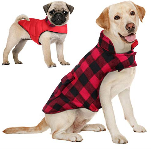 AOFITEE Hundemantel Winter- Hundemantel Große Hunde mit Geschirr Loch und Taschen, Warm Wintermantel Hundejacke mit Bauchschutz, Karomuster Winter Labrador Hundebekleidung Outfit, Rot 2XL