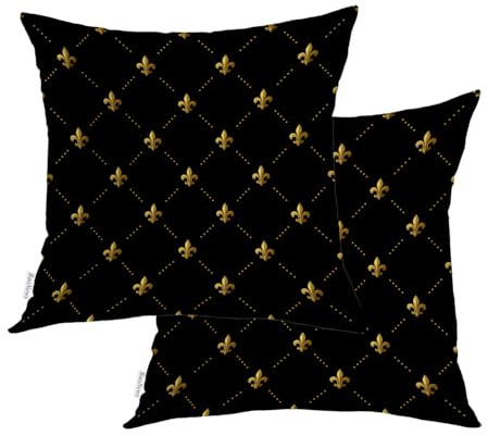 BaoNews Black French Fleur De Lis Throw Pillow Covers,Golden Pastoral Flowers Cushion Cover Digital Blended Hidden Zipperl Decorative Pillowcases for Hair Skin Square 16X16 in 2 Pcs