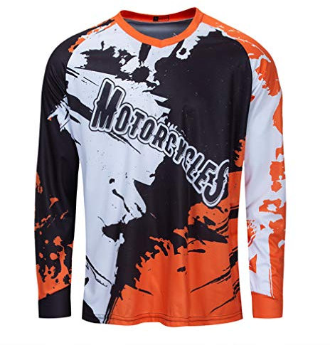 Radfahren Jersey Herren Mountainbike Motocross Langarm MTB T-Shirt Downhill Tops Sportrennen Reiten Bluse Fahrradhemd orange weiß L.