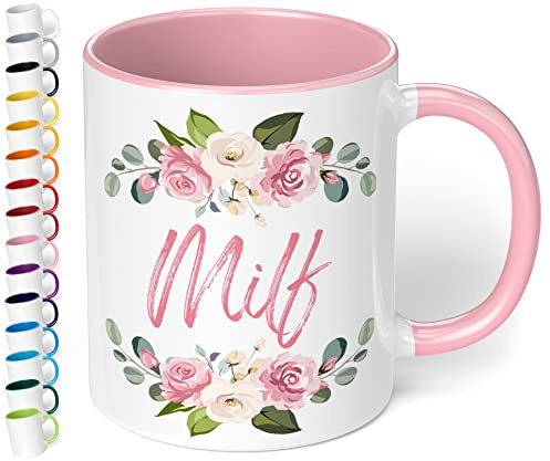 True Statements Lustige Tasse MILF - Kaffeetasse mit Spruch als Geschenk - beidseitig bedruckt - spülmaschinenfest, innen rosa