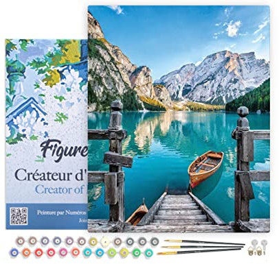 Figured'Art Peinture par Numéro Adulte avec Cadre Barque sur Un Lac de Montagne - Activité Manuelle Kit de Loisir Créatif DIY Numéro d'art Complet - 40x50cm Toile tendue sur châssis