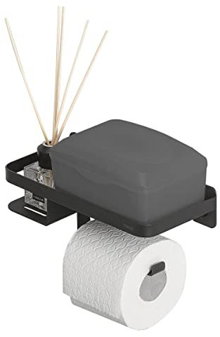 Tiger Caddy Toilettenpapierhalter mit Ablage, Toilettenrollenhalter mit Ablagefläche für Smartphone oder einer Box für feuchtes Toilettenpapier, Klopapierhalter zur Wandmontage, Edelstahl, Schwarz
