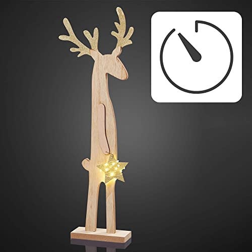 Hellum LED Holz-Rentier mit Stern, mit 6h-Timer, 5 LED, warmweiß, batteriebetrieben (2X AA, Nicht enthalten), innen IP20, Winterdecoration, Wohnzimmer, Dekoration, Weihnachtsdekoration, 524130