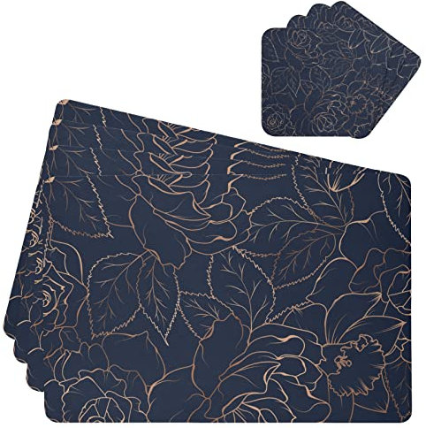 Copper-Gold Shiny Outline Rose Peony Flowers Leaves on Dark Navy Blue 1 PC Waterproof PVC Leather Table Placemat with 1 PC Mug Coaster, Non-Slip Place Mats Holder with Cup Mat, Desk Pad for Dining