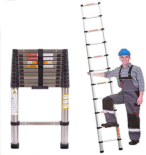 Teleskopleiter 3,8m Edelstahl Leiter, Ausziehbar Schiebeleiter, Rutschfester Mehrzweckleiter Ausziehleiter, 150kg Tragkraft, EN131