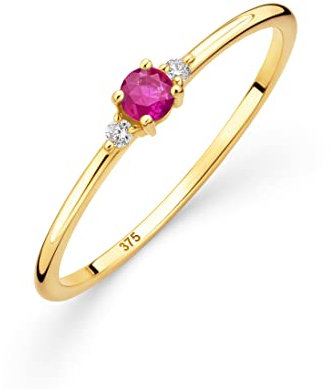 OROVI Damen Goldschmuck, Gold Ring mit Rubin und 2 Diamanten 0.03 ct, Trilogie Ring, Verlobungsring, Edelstein, Gelbgold 9 Karat (375)