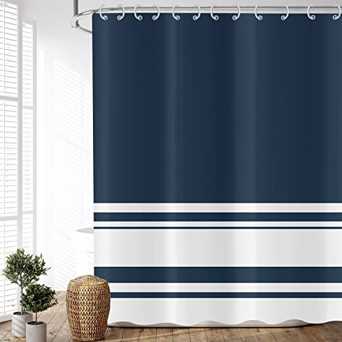 ASDCXZ Rideau de Douche Bleu 180x180 cm, Géométrie Moderne Bleu Marine Rayures Blanches Textile imperméable Rideau Douche Tissu Lavable pour Baignoire avec 12 Crochets