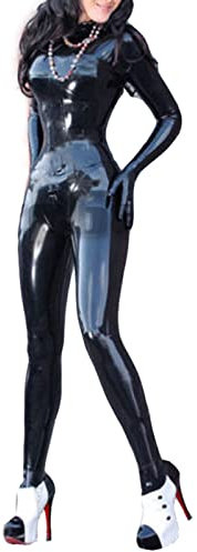 BAGEVI Damen Wetlook Sexy Bodysuit PVC Latex Catsuit Ouvert Reißverschluss Lack Leder Dessous Nachtwäsche Langarm Einteiler Overall Jumpsuit Playsuit Hosenanzug Cosplay Catwoman Clubwear,Schwarz,M