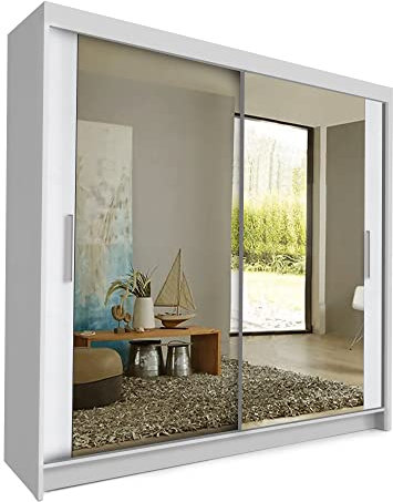 COMFATRA Toronto 180cm Modern Wardrobe with Sliding Doors Mirror Wardrobe, 2 Door Wardrobe with Hanging Rails & Adjustable Shelves, Space Saving Wardrobe for Bedroom Furniture (White)