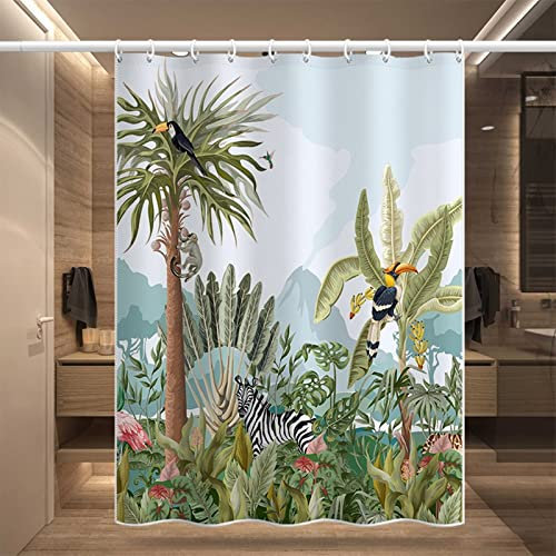 Aotiwe Duschvorhang Textil, Textil Duschvorhang Zebra Vogel AFFE Und Pflanze Grün Blau Polyester 200X180cm