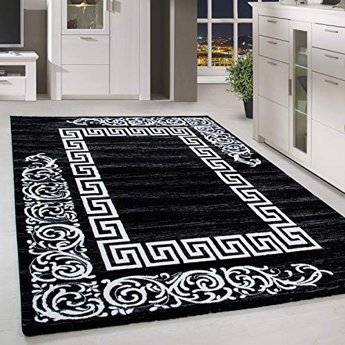 HomebyHome Teppich Wohnzimmer 140x200 cm Schwarz und Weiss Greek Bordüre Design - Schlafzimmer Teppich Kurzflor Extra Weich Pflegeleicht Teppiche Waschbar Küche Esszimmer - Carpet Living Room