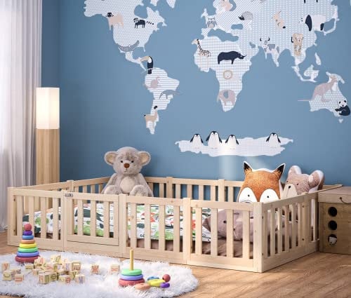 Bellabino Tapi Bett 140x200 cm, Kinderbett mit Rausfallschutz und Tür, inklusive Lattenrost, Montessori Bodenbett für Jungen und Mädchen aus Kiefer Massivholz, Natur lackiert, Bed
