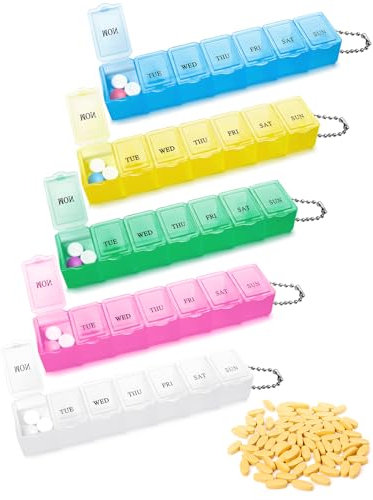 5 STK Pillenbox,Tablettenbox 7 Tage,Pillendose 7 Fächer Leicht Zu Öffnen Medikamentendosierer Handlicher und Feuchtigkeitsbeständiger Medikamenten-Box für Medikamente,Nahrungsergänzungsmittel,Vitamine