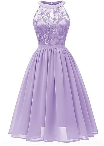 Vestido Plisado de Gasa de Encaje Lila Dulce, Vestido Midi Elegante de Cintura Alta para Mujer, Vestido de Noche Retro sin Mangas de Verano-Lila-L