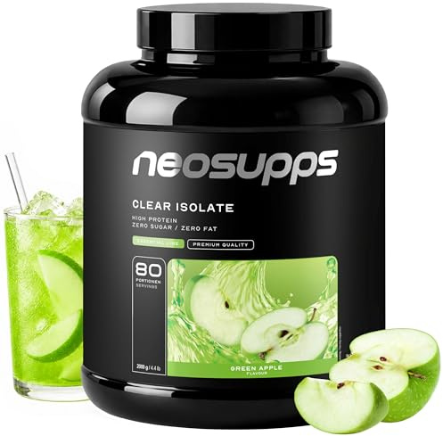 NEOSUPPS Clear Whey Isolate Green Apple 2000g, Made in Germany, Leichtes wasserlösliches Whey Isolat Protein Pulver, Die perfekte Alternative zu Limo & Fruchtsäften, Hochwertiger Molkenprotein Isolat