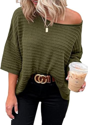 Cuptacc Pullover Damen 3/4 Ärmel Rundhals Oberteil Locker Strickpullover Damen Elegant