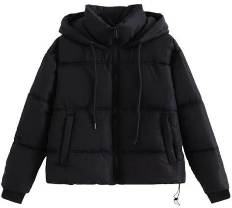 Cropped Puffer Jacket for Women Baggy Hooded Puffy Cotton-Padded Clothes Winter Thicken Thermal Warm Short Down Coats/UK Size/Teenage Girls Ladies Clothes Black