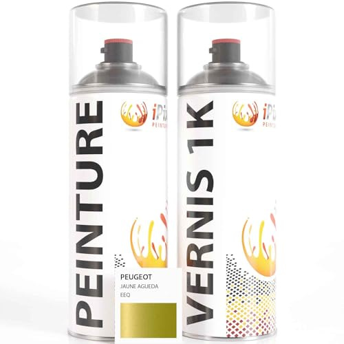 ipixline Kit Retouche Peinture Carrosserie Voiture - Bombe Aérosol Peinture Auto 400 ml, Vernis Brillant 1k 400 ml - Compatible avec Peugeot - Jaune Agueda EEQ